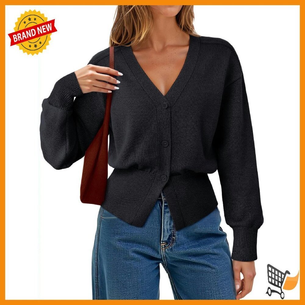 Long Sleeve V-Neck Peplum Cardigan Knitted Button Top Women's Sweater